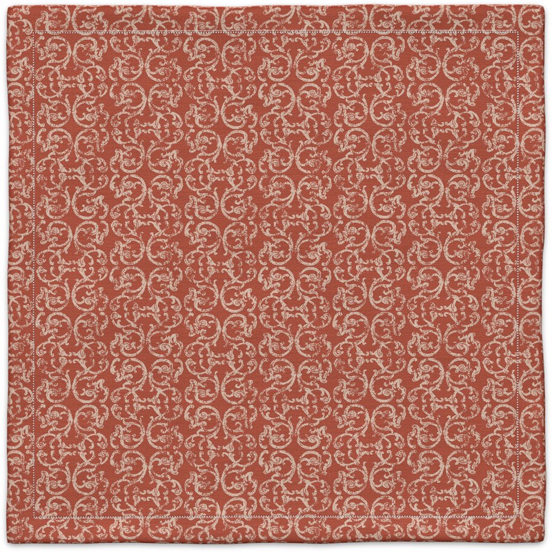 A red and white carpet with a pattern on it.