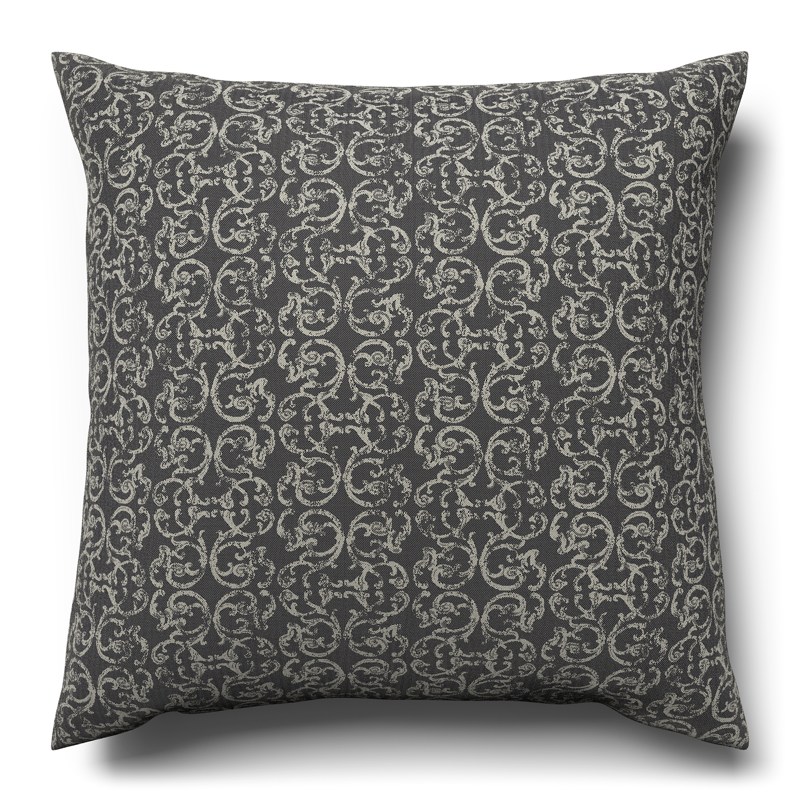 A black and white cushion on a white background.