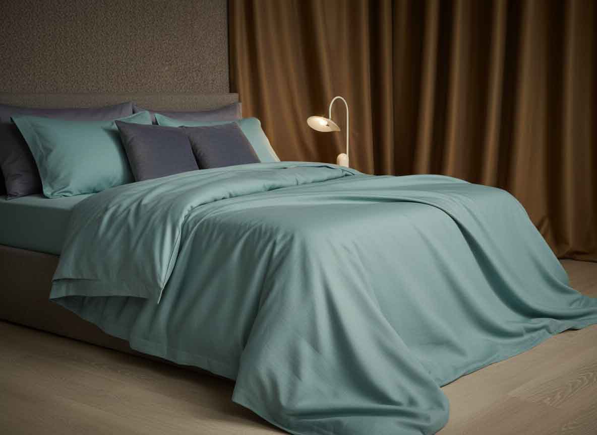 Ein Bett mit Leinen Bettwäsche