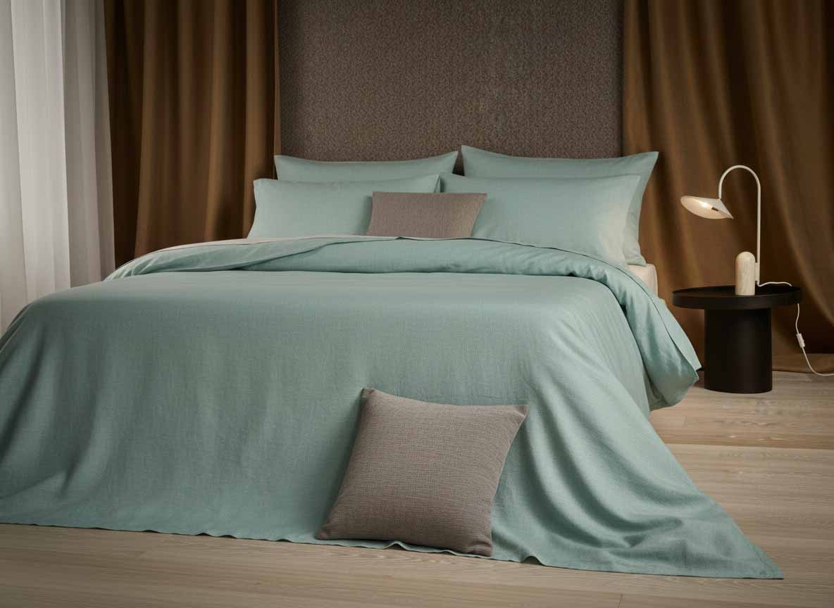 A bed with linen bedding