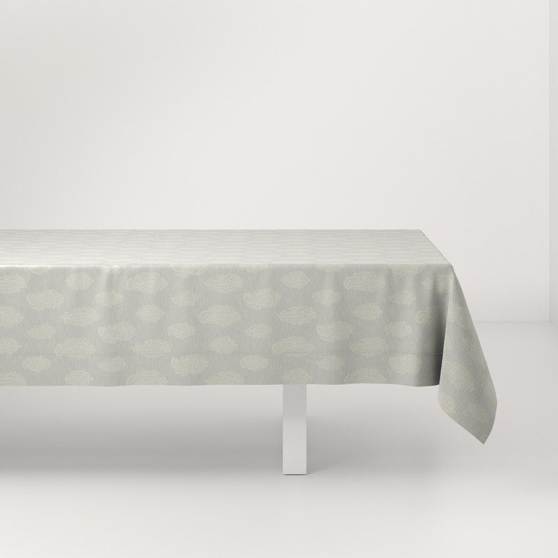 A table with a white tablecloth on it.