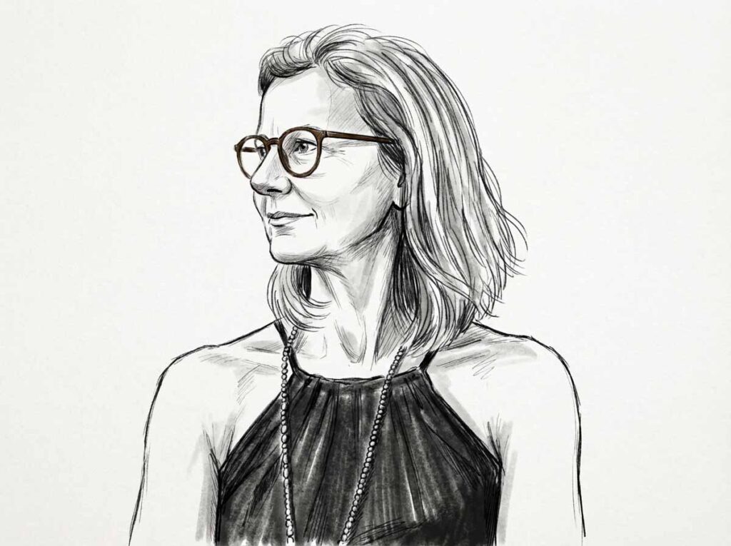 Black-and-white sketch of a woman with shoulder-length hair, wearing glasses, a sleeveless top, and a long necklace, looking to the left.