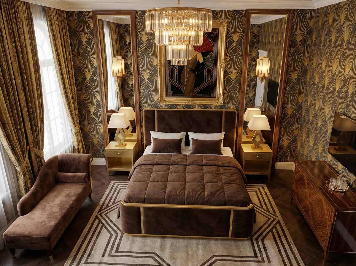 Luxuriöses Schlafzimmer im Art-Déco-Stil mit einem braunen Polsterbett in Calypso Halbleinen-Bettwäsche von Schlitzer Leinen, goldenen Akzenten, Spiegelpaneelen, eleganter Beleuchtung, gemusterter Tapete, Chaiselongue an hohen Fenstern und einem geometrischen Teppich.