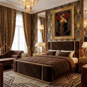 Luxuriöses Art-Deco-Schlafzimmer mit braunen und goldenen Akzenten, einem großen Bett in Calypso Halbleinen-Bettwäsche von Schlitzer Leinen, Chaiselongue, verzierten Kronleuchtern, hohen Fenstern mit eleganten Vorhängen, geometrischen Tapeten und gerahmten Kunstwerken über dem Bett.