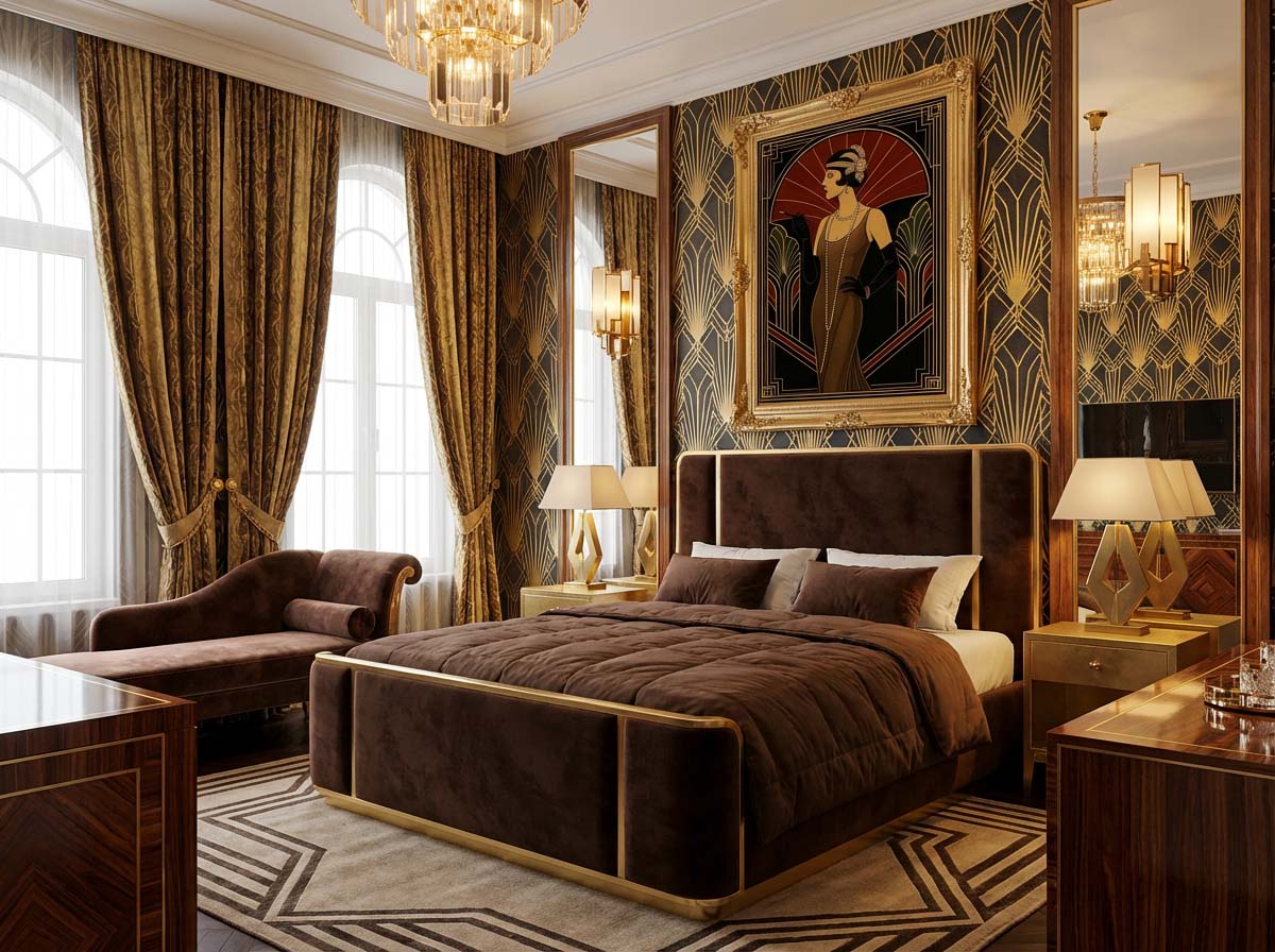 Luxuriöses Art-Deco-Schlafzimmer mit braunen und goldenen Akzenten, einem großen Bett in Calypso Halbleinen-Bettwäsche von Schlitzer Leinen, Chaiselongue, verzierten Kronleuchtern, hohen Fenstern mit eleganten Vorhängen, geometrischen Tapeten und gerahmten Kunstwerken über dem Bett.