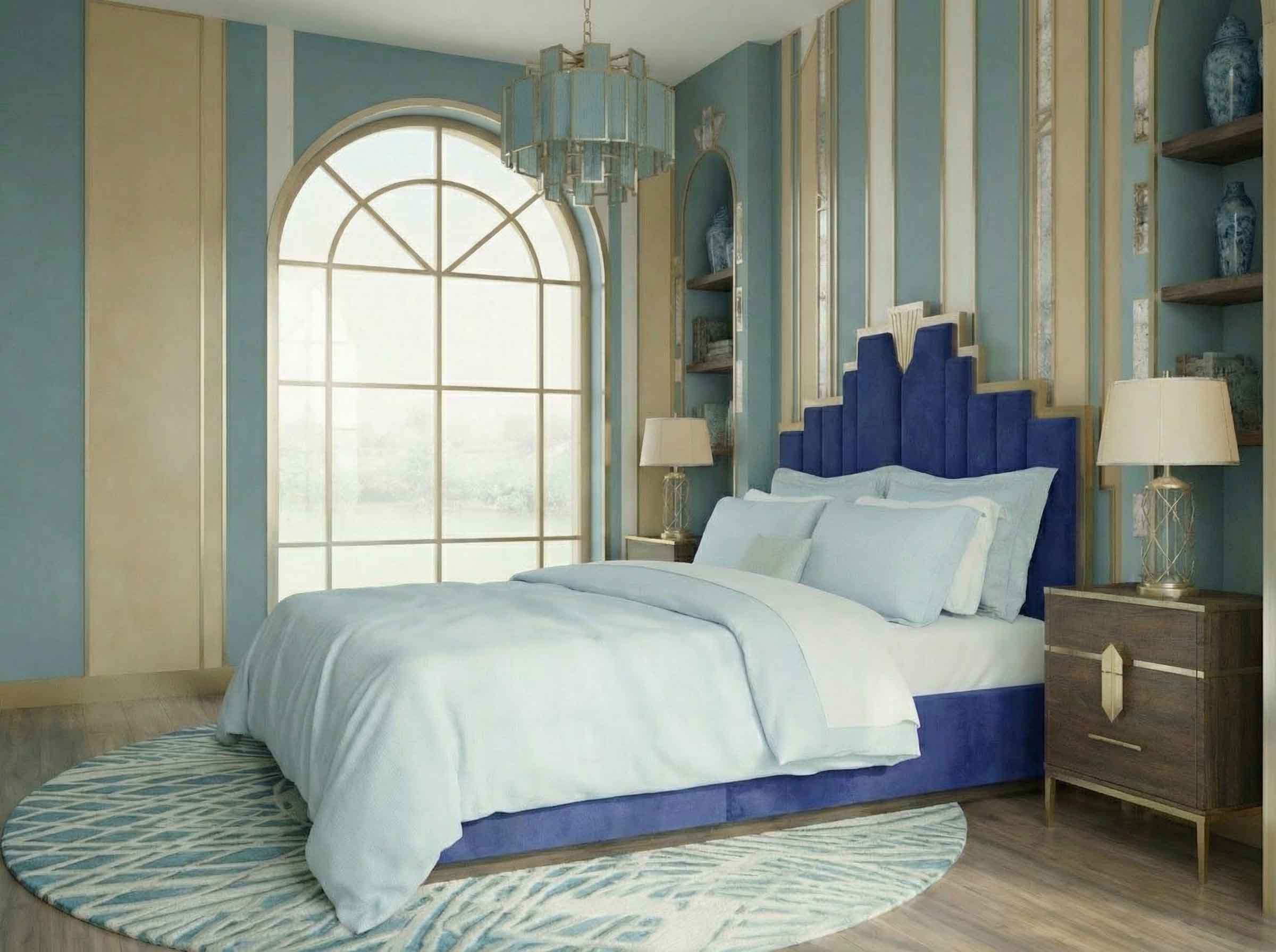 Ein stilvolles Schlafzimmer mit einem großen Bogenfenster, blauen und beigen Wänden, einem blau gepolsterten Bett mit Esther Reinleinen-Bettwäsche von Schlitzer Leinen, passenden Nachttischen mit Lampen, Regalen mit Vasen, einem runden Teppich und einem Kronleuchter.