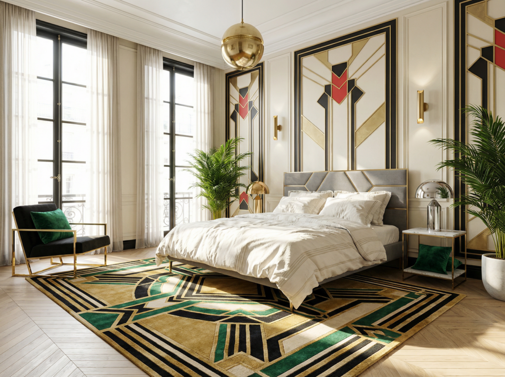 Ein Schlafzimmer im Art-Déco-Stil mit einem geometrischen Teppich, goldenen und grünen Akzenten, hohen Fenstern mit transparenten Vorhängen, die an feine Leinenwebereien erinnern, einem Bett mit getuftetem Kopfteil, goldenen Leuchten und grünen Pflanzen für einen luxuriösen, modernen Look.