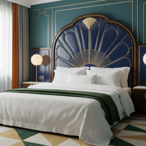 Ein stilvolles Schlafzimmer mit einem großen Bett, das mit Phoebe Reinleinen-Bettwäsche von Schlitzer Leinen (weiß, grüne Akzente) bezogen ist. Ein blaues Kopfteil mit goldenen Details im Art-Déco-Stil kontrastiert mit der tealfarbenen Wand, flankiert von Nachttischen und Kugellampen.