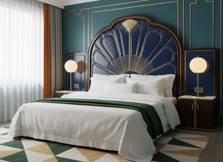 A stylish bedroom with a large bed dressed in Phoebe Pure Linen Bedding by Schlitzer Leinen (white, green accents). A blue headboard with golden Art Deco details contrasts with the teal wall, flanked by nightstands and globe lamps.