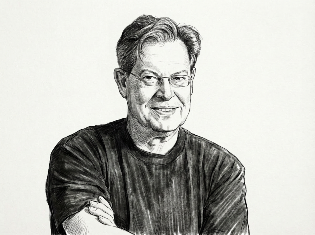 A black and white sketch of a middle-aged man with glasses, wavy hair, and a slight smile, wearing a dark T-shirt and with his arms crossed. The background is solid-colored.