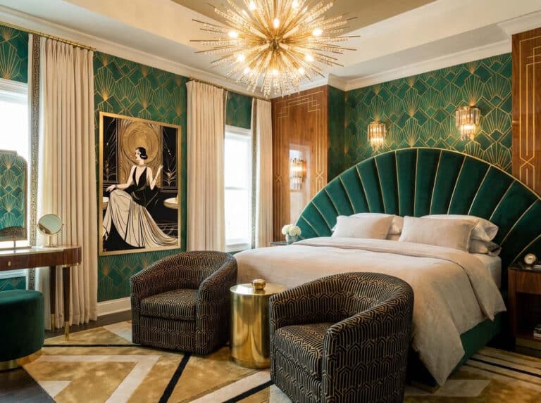 Ein Bett im Art Deko Stil mit Leinen Bettwäsche