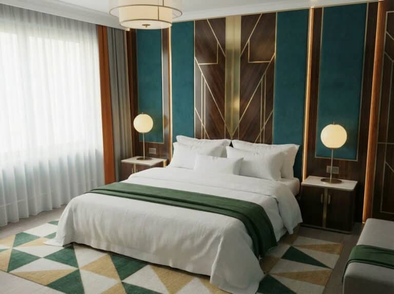 A modern bedroom with a large bed in Frigg half-linen bedding by Schlitzer Leinen, green accents, round bedside lamps and geometric wall patterns in teal, wood and gold beneath the transparent windows.