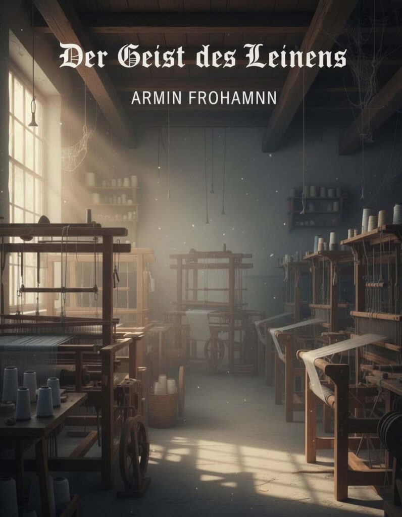 A sunlit, old-fashioned weaving mill with wooden looms and yarn spools. Dust floats in the air. At the top is the German title Der Geist des Leinens and the author Armin Frohmann.