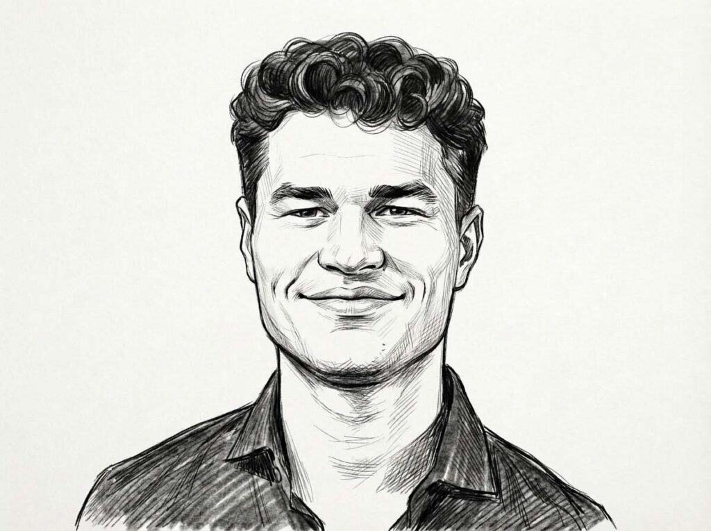 A black and white sketch of a smiling man with curly hair, wearing a collared shirt and depicted from the shoulders up against a plain background.