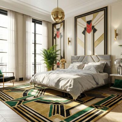 Schlafzimmer im Art-Déco-Stil mit großen Fenstern, geometrischen Wänden, einem modernen Bett mit Rebekka Reinleinen-Bettwäsche von Schlitzer Leinen in Grau, einem grün-goldenen Teppich, Zimmerpflanzen, einer goldenen Pendelleuchte und eleganten schwarz-goldenen Möbeln.