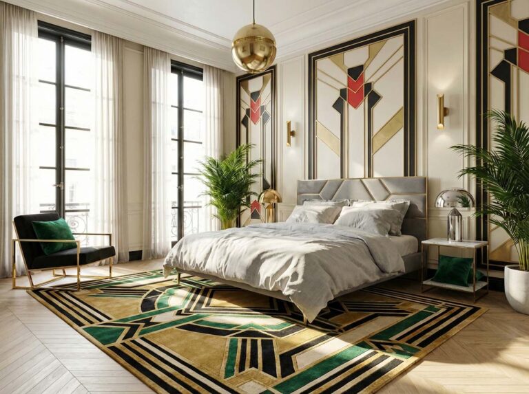 Schlafzimmer im Art-Déco-Stil mit großen Fenstern, geometrischen Wänden, einem modernen Bett mit Rebekka Reinleinen-Bettwäsche von Schlitzer Leinen in Grau, einem grün-goldenen Teppich, Zimmerpflanzen, einer goldenen Pendelleuchte und eleganten schwarz-goldenen Möbeln.