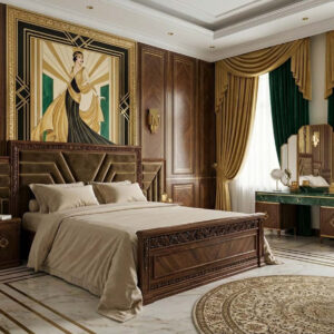 Ein Schlafzimmer mit einem großen Gemälde an der Wand.