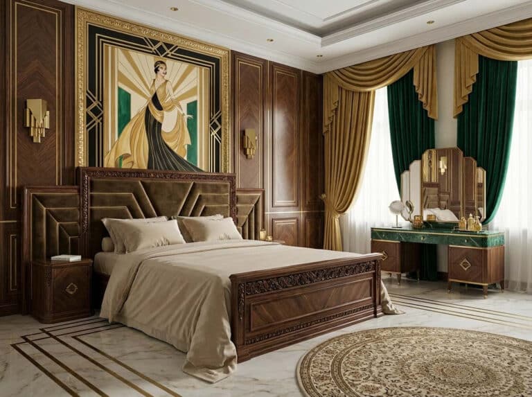 Ein Schlafzimmer mit einem großen Gemälde an der Wand.