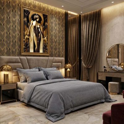 Ein Schlafzimmer mit einem großen Bett und einem Gemälde an der Wand.
