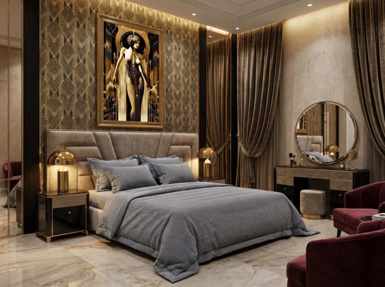 A bedroom with a large bed and a painting on the wall.