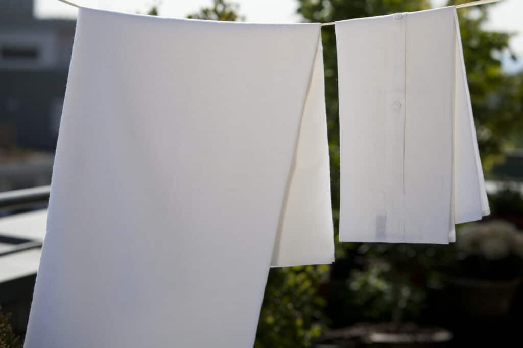A pair of white towels hanging on a clothesline.