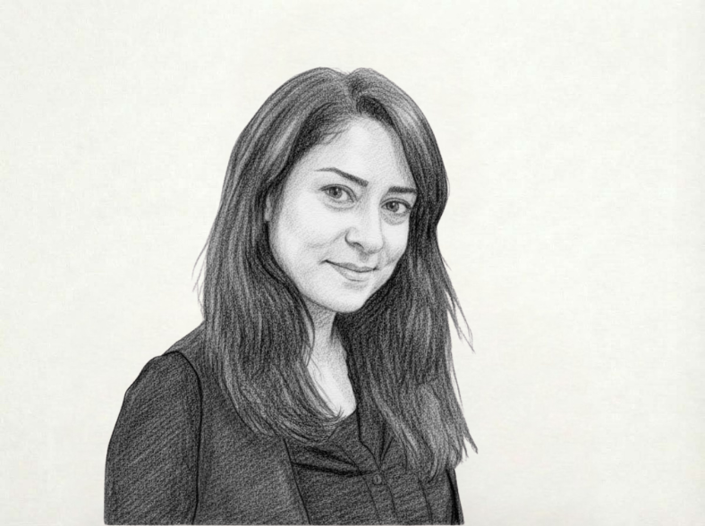 A pencil sketch of a young woman with long, straight hair, wearing a dark top, looking slightly to the side and smiling gently against a plain light background – perfect for an "About Us" introductory page.