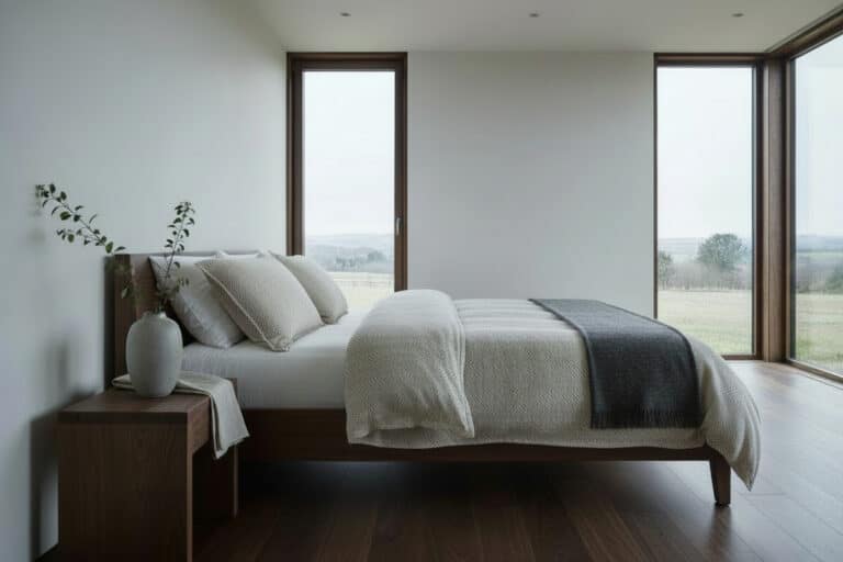 Ein Schlafzimmer mit einem Bett und einem großen Fenster.