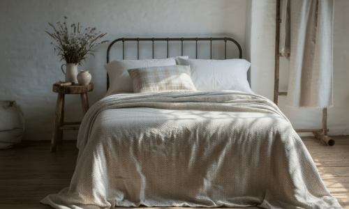 In einem sonnendurchfluteten Schlafzimmer stehen ein metallgerahmtes Bett mit Bio Leinen Bettwäsche mit feinem Fischgrat von Vieböck 273ö/90, ein kariertes Kissen, ein Holzhocker mit Wildblumen und einer Teekanne sowie eine rustikale Leiter mit einem Handtuch vor einer weißen Ziegelwand.