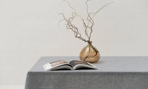 Eine runde Glasvase mit kahlen, sich windenden Zweigen und ein aufgeschlagenes Buch stehen auf einem mit grauer Tischdecke bedeckten Tisch vor einem schlichten, hellen Hintergrund.