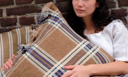 A woman lying on a bed covered with a blanket.