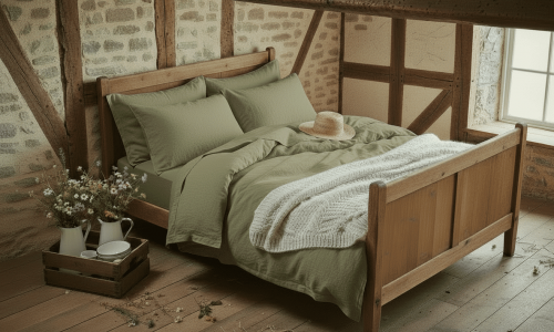 Ein gemütliches rustikales Schlafzimmer mit einem Holzbett mit Bio Leinen Bettwäsche Olive von Vieböck 275ö, grüner Bettwäsche, einer cremefarbenen Strickdecke und einem Strohhut. Auf dem sonnenbeschienenen Holzboden stehen Wildblumen und ein Teeservice.