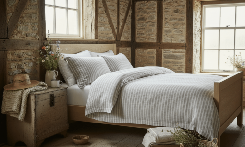 Ein gemütliches, rustikales Schlafzimmer mit Steinwänden, Holzbalken und einem Holzbett, das mit Bio Leinen Bettwäsche mit Streifen von Vieböck 268ö bezogen ist. Das Sonnenlicht strömt durch die Fenster und bringt Wildblumen und eine Holztruhe zum Vorschein, die für ländlichen Charme sorgen.