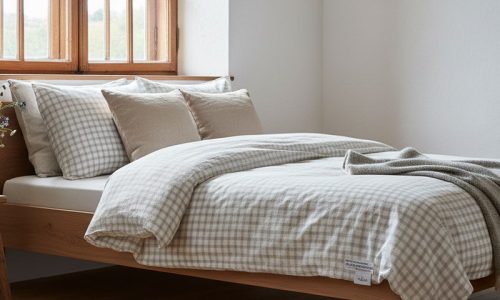 Ein ordentlich gemachtes Bett mit beige-weiß kariertem Bettzeug, zwei beigefarbenen Kissen und einer grauen Decke in einem hellen Zimmer mit Holzfußboden und einem großen Fenster, das natürliches Licht hereinlässt.