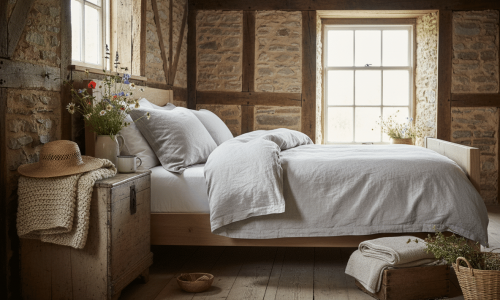 Ein gemütliches Schlafzimmer mit Steinwänden, Holzbalken und einem ordentlich gemachten Bett, bezogen mit Hanf und Leinen Bettwäsche Hellgrau von Vieböck 226/04. Wildblumen, eine rustikale Truhe und ein Strohhut vervollständigen die einladende, rustikale Atmosphäre.