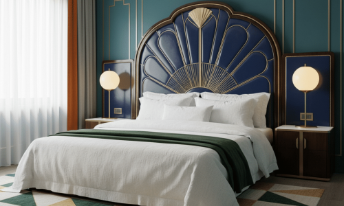 Ein stilvolles Schlafzimmer mit einem großen Bett, das mit Phoebe Reinleinen-Bettwäsche von Schlitzer Leinen (weiß, grüne Akzente) bezogen ist. Ein blaues Kopfteil mit goldenen Details im Art-Déco-Stil kontrastiert mit der tealfarbenen Wand, flankiert von Nachttischen und Kugellampen.