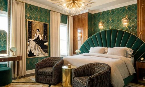 Ein Bett im Art Deko Stil mit Leinen Bettwäsche