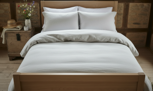 Ein ordentlich gemachtes Bett mit Hanf Bettwäsche Natur von Vieböck 226/00 steht in einem gemütlichen rustikalen Schlafzimmer mit Holzwänden. Ein kleiner Tisch mit einer Vase mit Blumen und einem Hut steht neben dem Bett unter dem Fenster.