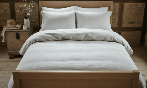 Ein ordentlich gemachtes Bett mit Hanf Bettwäsche Natur von Vieböck 226/00 steht in einem gemütlichen rustikalen Schlafzimmer mit Holzwänden. Ein kleiner Tisch mit einer Vase mit Blumen und einem Hut steht neben dem Bett unter dem Fenster.