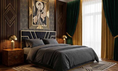 Ein stilvolles Schlafzimmer mit einem dunklen Bett mit Hervör Halbleinen-Bettwäsche von Schlitzer Leinen, geometrisch gemusterten Wänden, goldenen Lampen auf hölzernen Nachttischen, dunkelgrünen und goldenen Vorhängen und einem großen Art-Deco-Porträt über dem Bett.