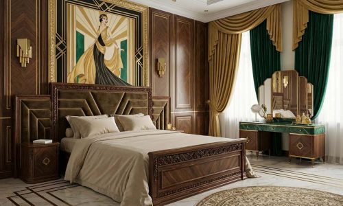 Ein Schlafzimmer mit einem großen Gemälde an der Wand.