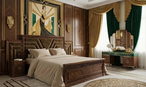 Ein Schlafzimmer mit einem großen Gemälde an der Wand.