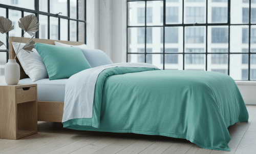 Das moderne Schlafzimmer verfügt über ein Bett mit Hanf und Leinen Bettwäsche Petrol von Vieböck 226/70, weiße Laken, einen hölzernen Nachttisch mit Vasen und große Fenster mit Blick auf die Gebäude der Stadt.