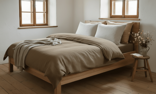 Ein ordentlich gemachtes Bett mit Bio Leinen Bettwäsche mit feinem Fischgrat von Vieböck 273ö/90 und weißen Kissen steht in einem minimalistischen Schlafzimmer mit Holzböden, zwei Fenstern, einem Hocker mit Blumen und sanftem, natürlichem Licht, das den Raum erfüllt.